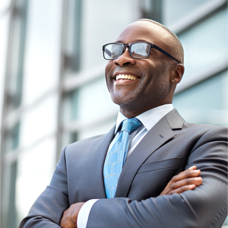 Portrait of a CFO crossing his arm smiling and looking upward.